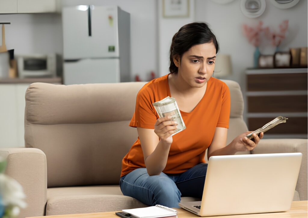 Woman in financial crisis, sad woman in money problems and thinking
