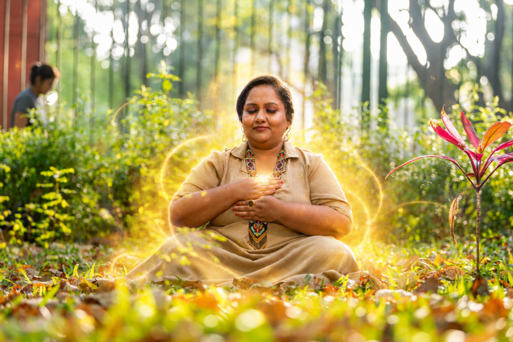 Woman practicing emotional healing and energy healing for anxiety relief.